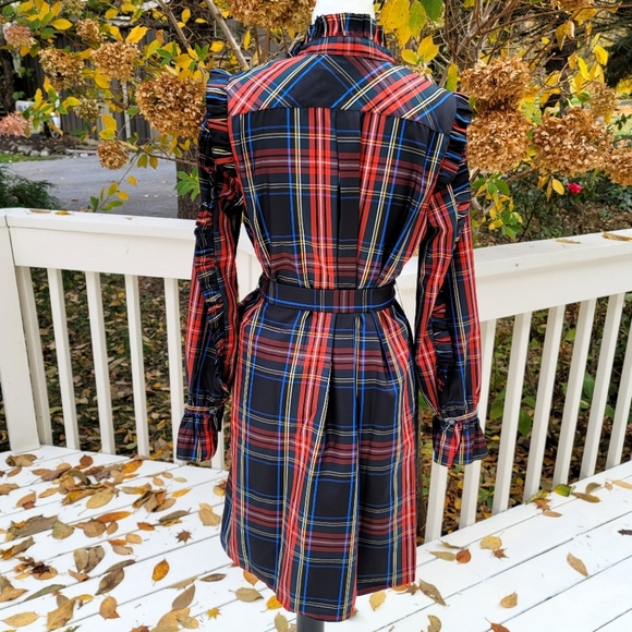 New! J Crew sz M Belted Ruffle Black Tartan Plaid Christmas Dress NWT - Picture 4 of 16